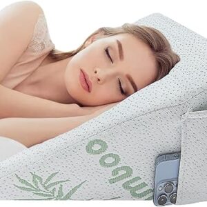 𝗣𝗿𝗲𝗺𝗶𝘂𝗺 Bamboo Bed Wedge Pillow – Deeper Sleep – Antibacterial, Breathable Contouring Support Stay Cool Memory Foam Cushion with Left Side Pockets